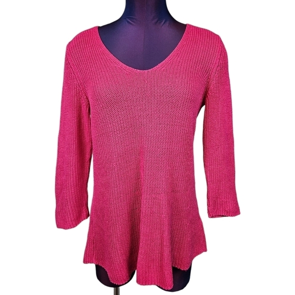 Talbots Hot Pink 3/4 Sleeve V-Neck Knit Sweater Size Medium Women's - Picture 1 of 8